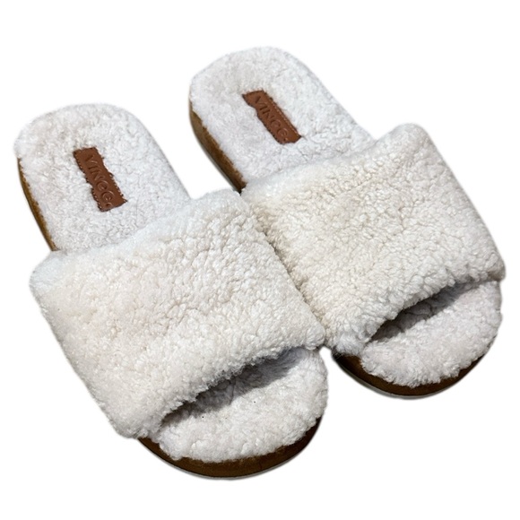 Vince Women's Kalina Shearling Slide Sandals Suede Sole Trim Creamy White Sz 6.5 - Picture 2 of 6